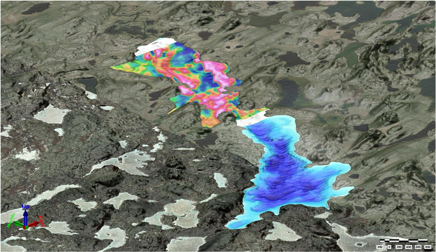 Squalus Lake DEM overlaid with 2023 magnetic data.