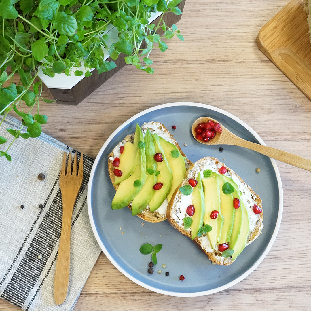 Avocado Toast with Goat Cheese, Pomegranate Seeds, & Watercress. Watercress grown in the Veritable Garden.