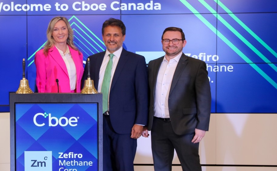 Zefiro CCO, Tina Reine (Left), Zefiro CEO, Talal Debs (Center), Plants & Goodwin CEO/CEO of Zefiro Services and EVP Business Development, Luke Plants (Right) are pictured at the Cboe bell ringing ceremony in April 2024.