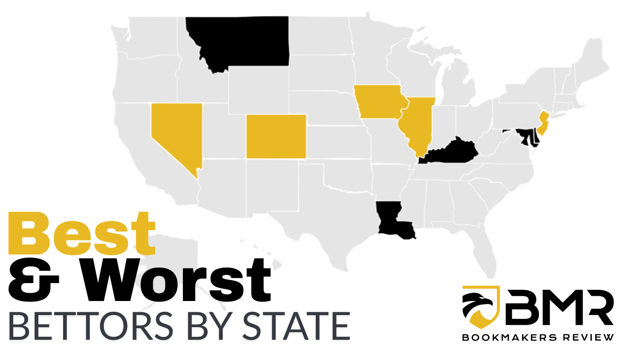 Best and Worst States for Sports Bettors - Bookmakers Review: A visual carousel from Bookmakers Review ranking the sharpest and weakest sports betting states in America. Includes standout graphics such as Nevada crowned the King of Sports Betting and Delaware labeled the Bettor's Graveyard.