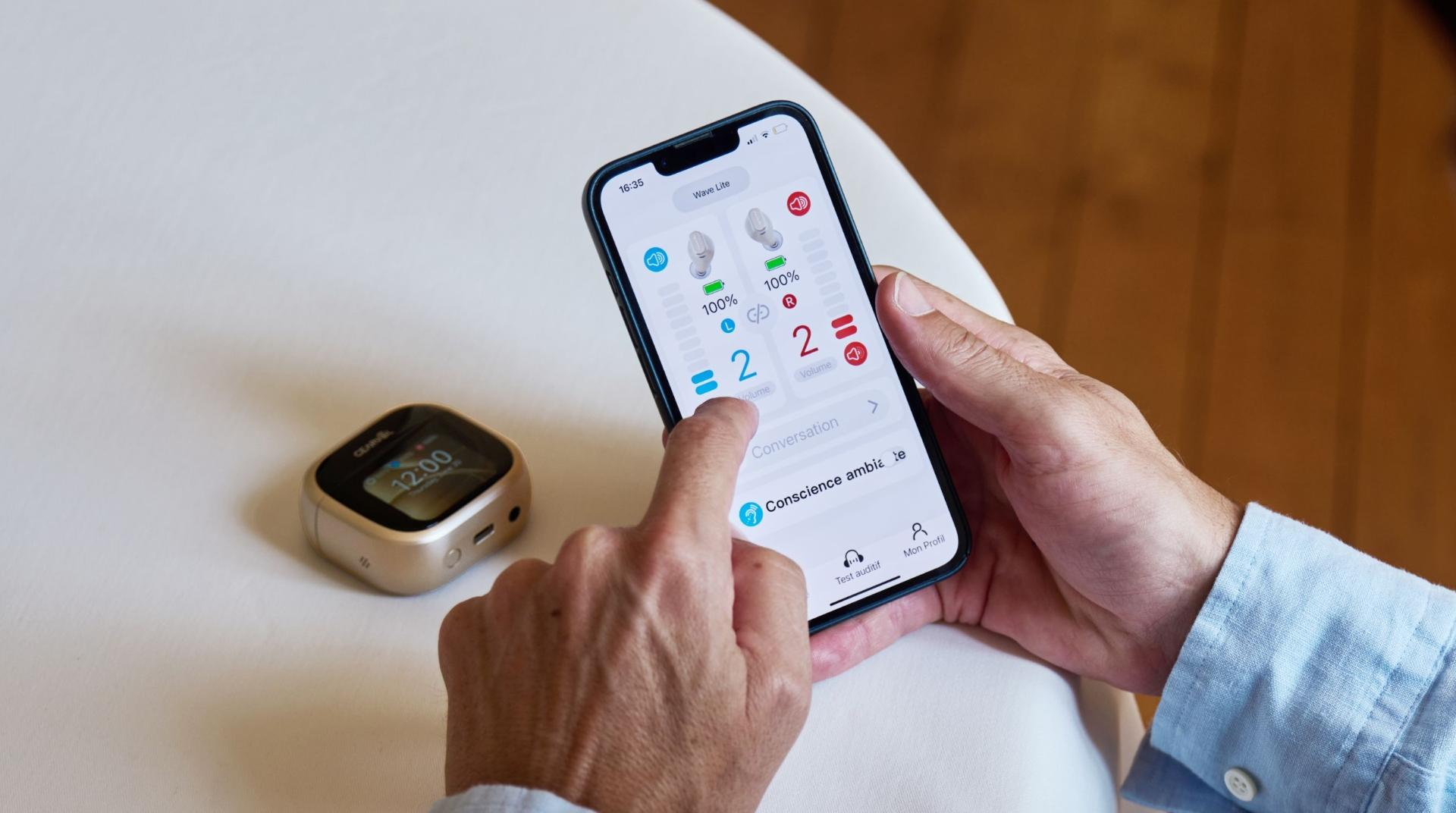 Smartphone screen showing Cearvol Wave earbuds connected and battery level displayed