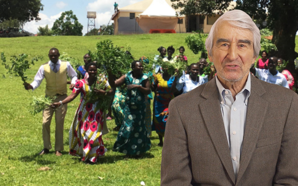 (Background) Golden Women Vision is a URI member group in Uganda featured in this episode. It is comprised of women who were former sex slaves kidnapped during the conflict in Northern Uganda, and who are now providing psychological, social, and economic support to women returning to their communities. (Foreground) Actor Sam Waterston hosts the documentary series.