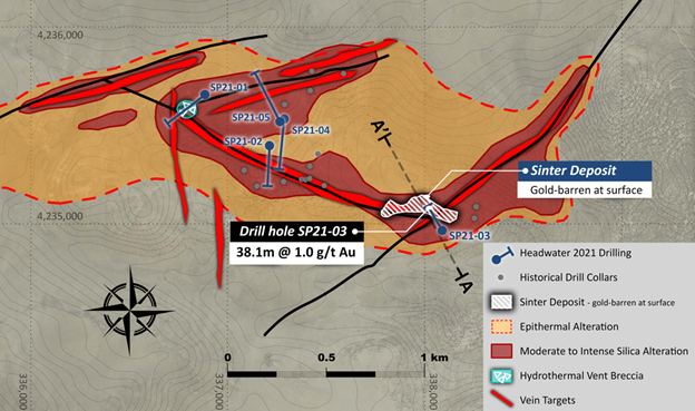 Figure 2, Plan map of the Spring Peak alteration footprint and interpreted principle structural controls, with 2021 drill hole locations, and location