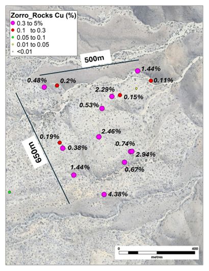 Detail of the Zorro Cu zone showing Cu values in percentage for samples received.