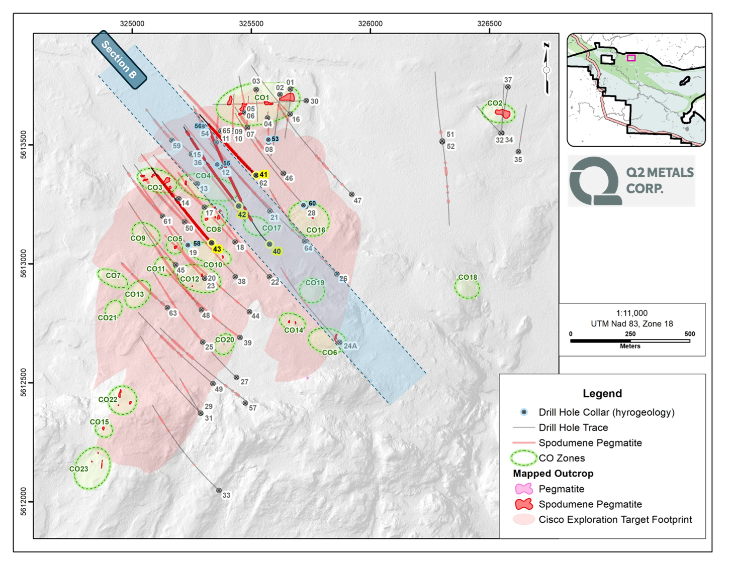 Map of Recent Drill Holes with Analytical Results at Cisco Property