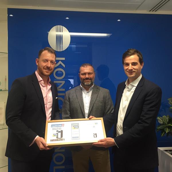 Konica Minolta’s UK team receives Managed IT Magazine's Editor’s Choice award for Workplace Hub

From left: Rob Driver, IT Sales Leader, Print Services & Sols Product Marketing, Konica Minolta Business Solutions (UK) Ltd; Ethan White, Director, Kingswood Media Ltd; Francis Thornhill, Head of MITS Marketing, Konica Minolta Business Solutions (UK) Ltd
