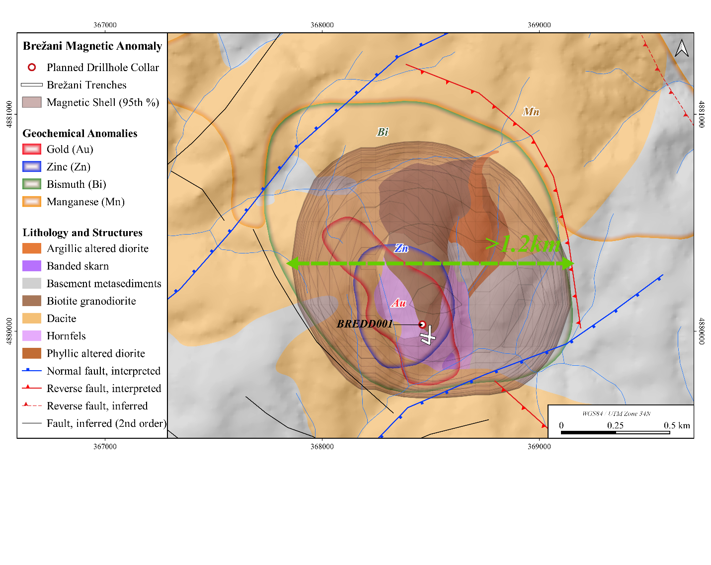 Figure 3: Geological map of Brezani outlines the trenching centred upon the geochemical and 1.2 km wide, subsurface magnetic anomaly. BRE_DD_001 is the collar location of the initial drillhole planned to test the Brezani target where drilling has commenced