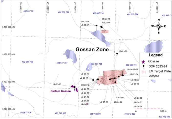 Surface Map Showing Location of the 28 Drill Holes from the 2023-24 Gossan Zone Program 