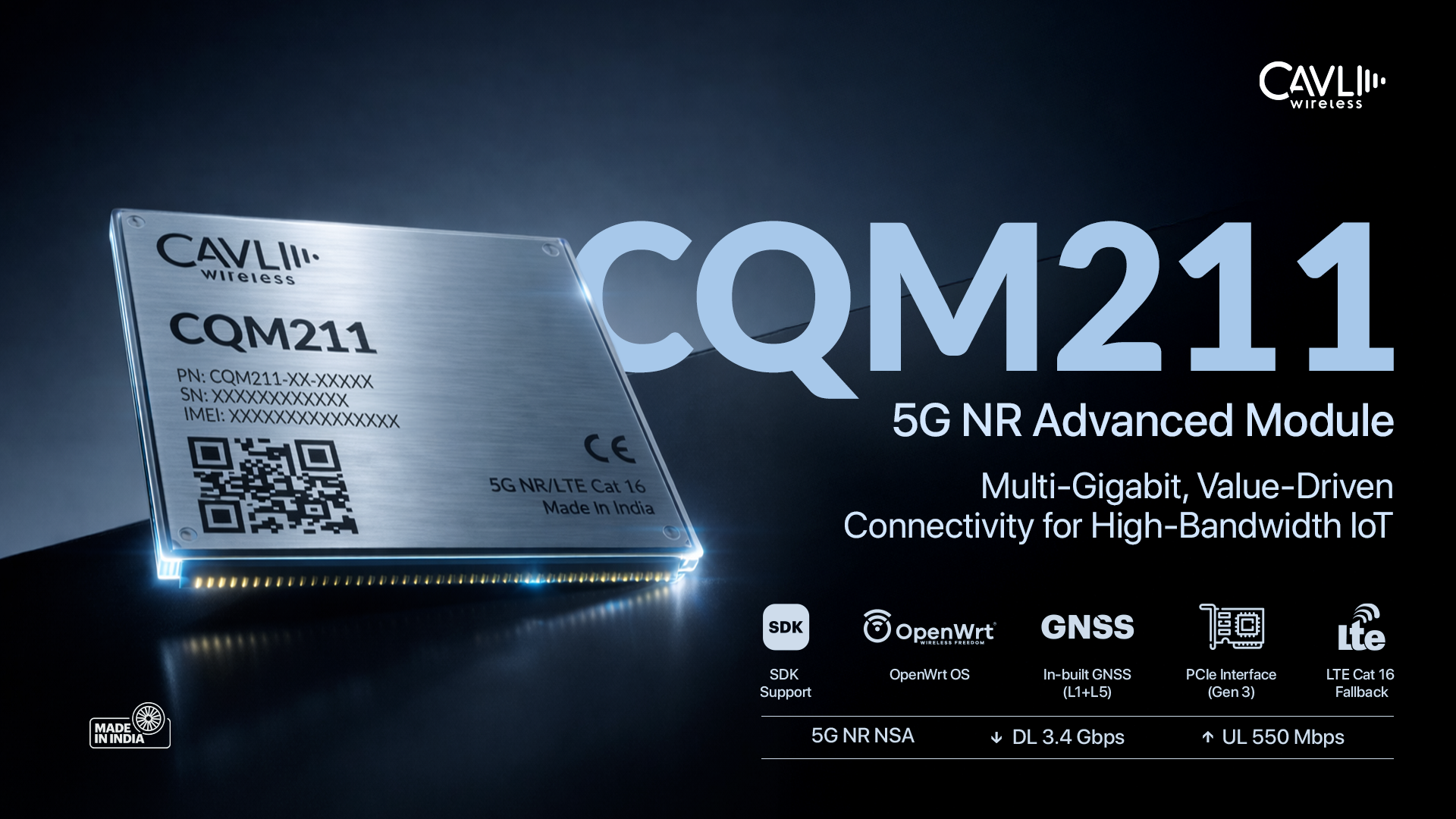 Cavli CQM211 5G NR Advanced module with 3.4 Gbps speeds, OpenWrt, GNSS, PCIe Gen3, and LTE Cat 16 fallback.
