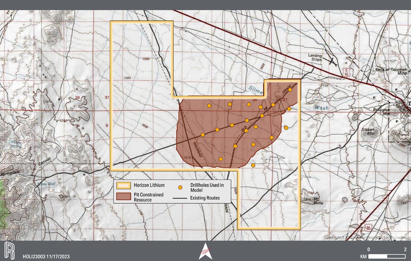 The Project boundary, 20 exploratory drillholes used in the MRE, and the Mineral Resource body showing unexplored areas to the west, northwest, east and south.