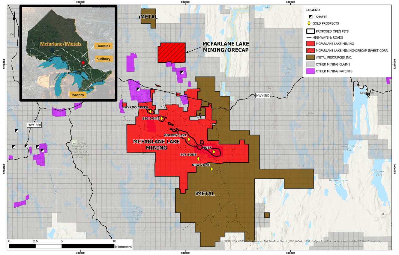 Property position of McFarlane Lake Mining and iMetal 