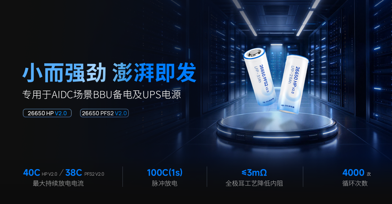 中比新能源推出 26650 HP V2.0、26650 PFS2 V2.0 两款电芯，专为 AI 数据中心备用电源（BBU）与不间断电源系统（UPS）场景研发。