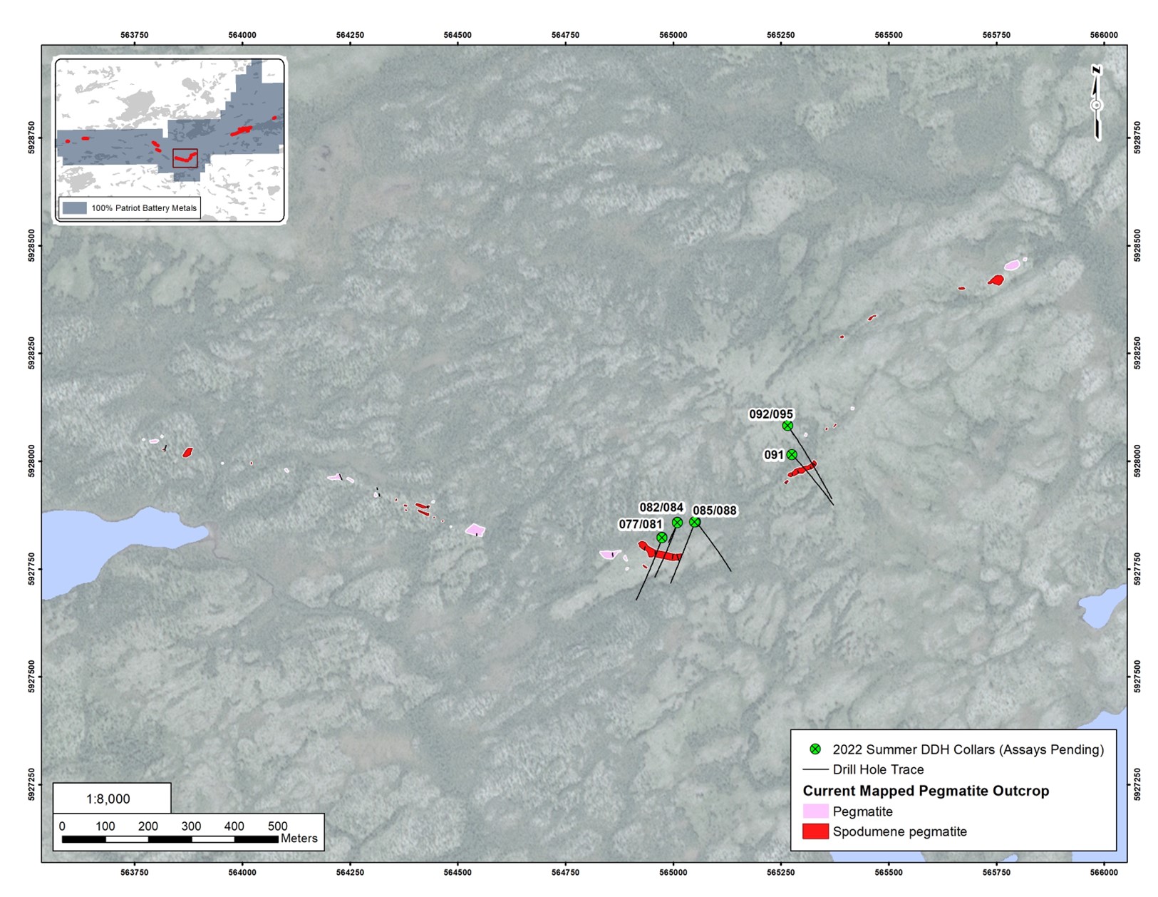 Drill hole map at the CV13 pegmatite cluster