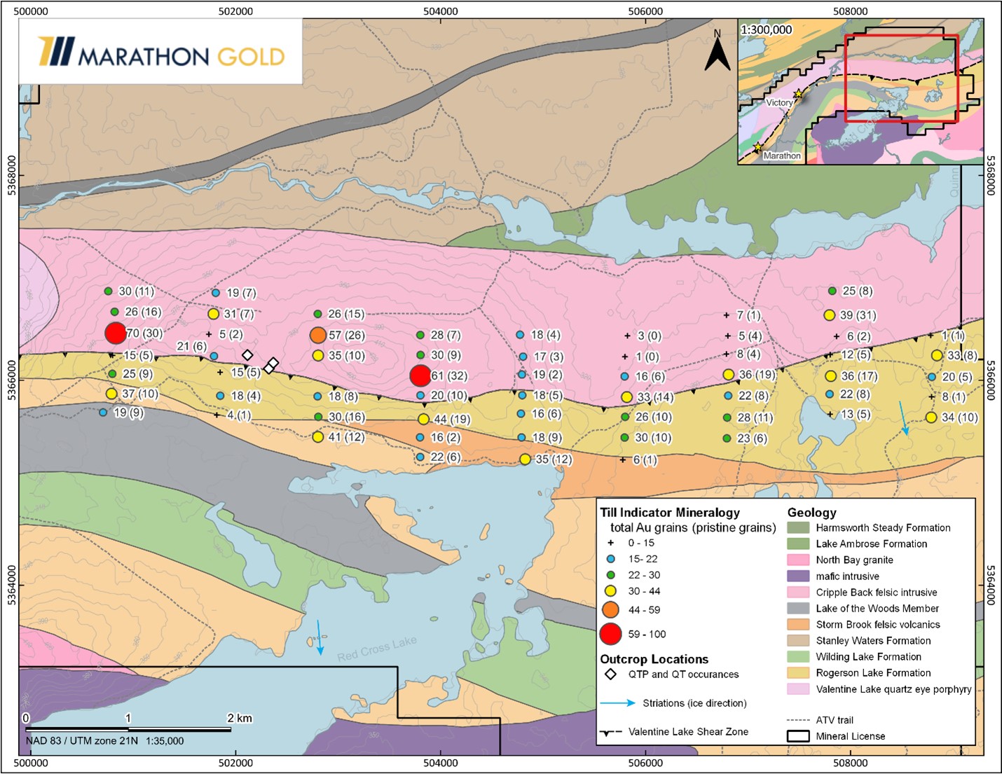 Gold Grains in till samples, 2022 sampling, Eastern Arm Prospecting Area, Valentine Gold Project.
