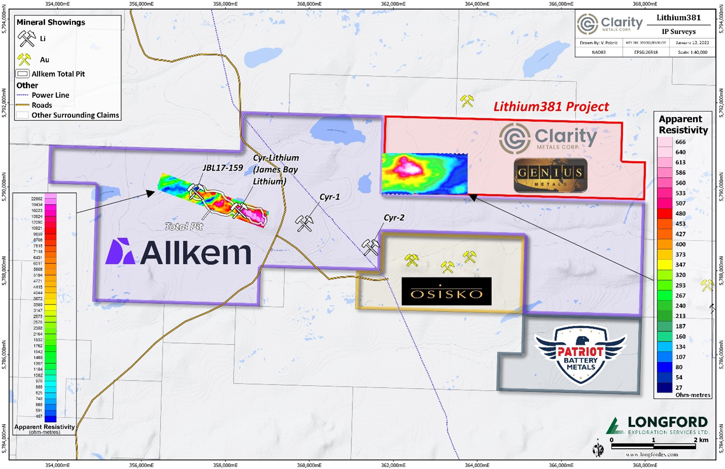 Preliminary resistivity results on Lithium381 Project and Allkem Limiteds 2008 IP Resistivity survey in the area of their open pit. Note the surveys are at different scales.