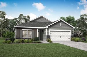 Rendering of the one-story Noble plan by LGI Homes in gray and sage green siding with white trim and gray stone accents.