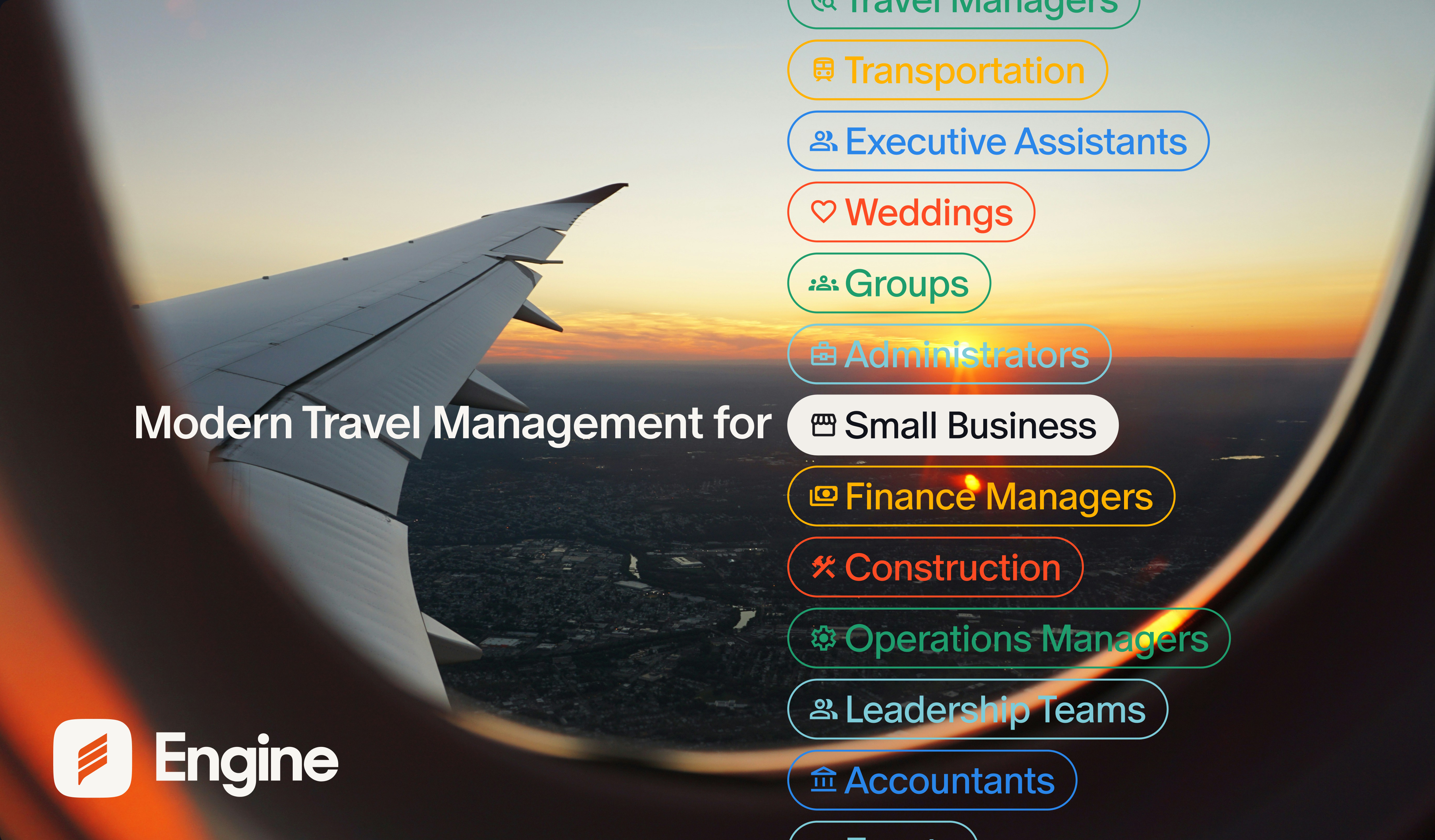 Engine's new corporate brand with text showing different travel use cases