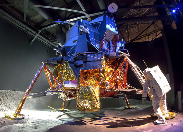 The "crowned jewel" of the Cradle of Aviation Museum, The LM-13 was intended for the Apollo 19 mission to Copernicus Crater in 1973, which was ultimately cancelled. It is presented in a re-created lunar surface scene as part of an exciting multi-media program. A simulated lunar surface, suspended Earth, and theatrical lighting complete the scene. In all, six Lunar Modules landed on the moon. Three remaining Lunar Modules that did not go to the moon, are still in existence today and housed at Smithsonian's Air & Space Museum in Washington D.C., The Kennedy Space Center in Florida, and the Cradle of Aviation Museum in Garden City, NY. The LM-13 weighs 8,600 lbs. The Lunar Module was often referred to as "the moon bug". 