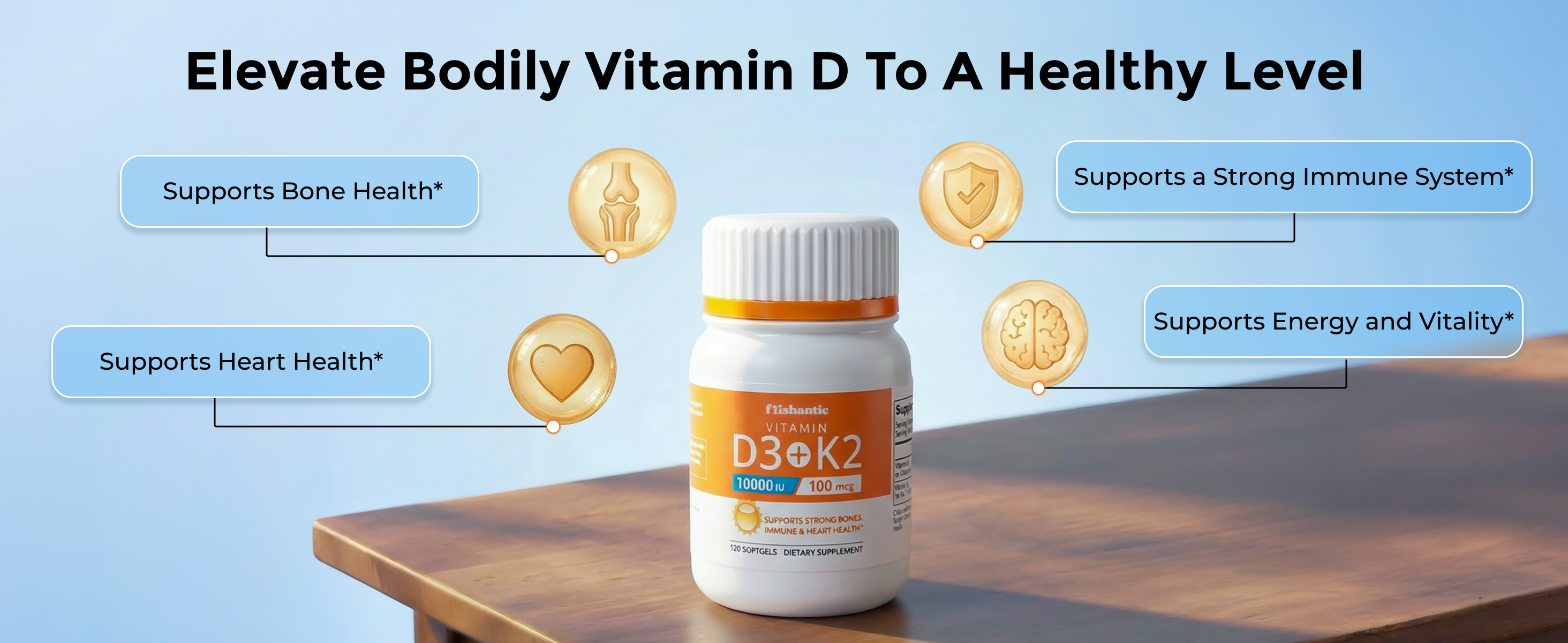 A bottle of Frishantic vitamin d3 k2 supplement sitting on a wooden table surrounded by health benefits callouts.