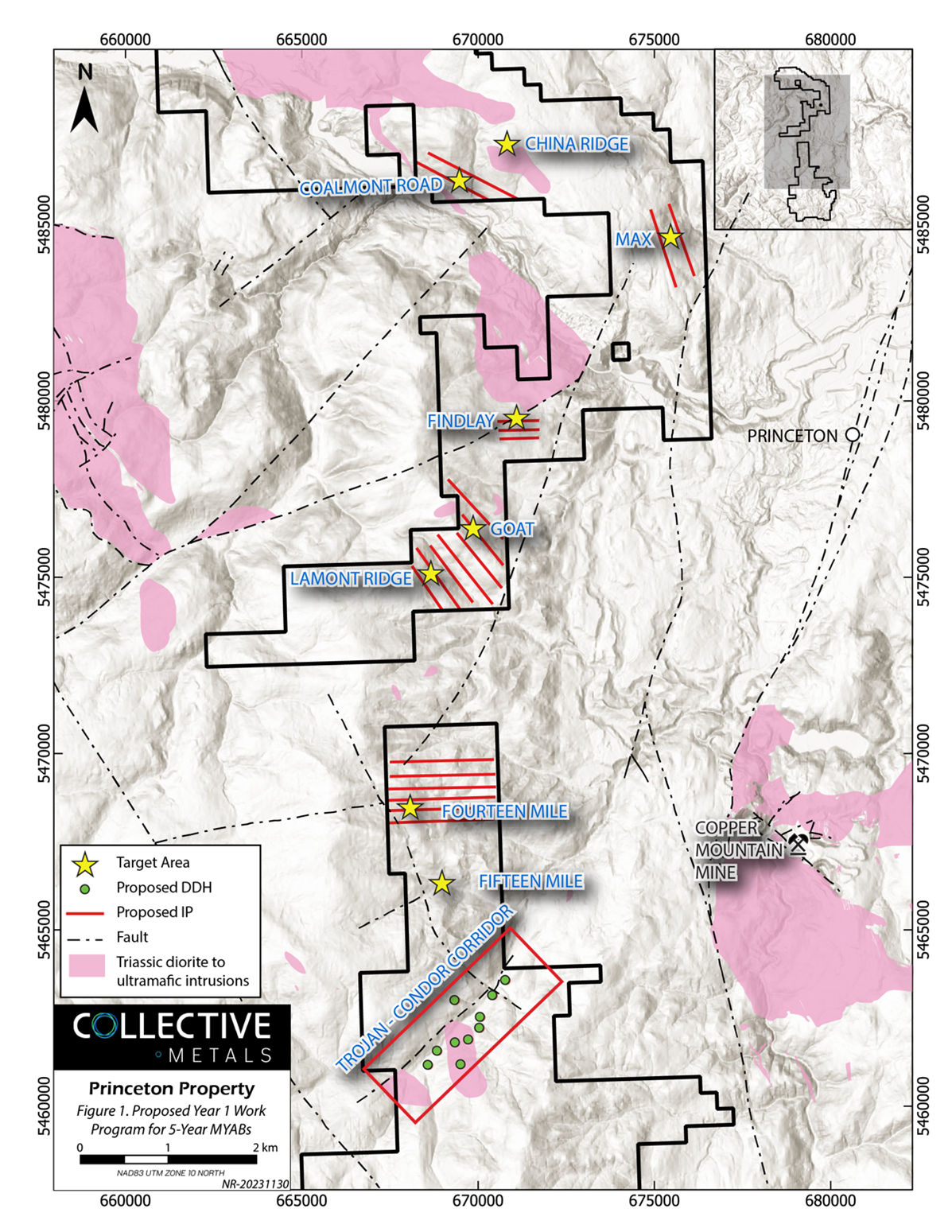 Figure 1 - Princeton Project Proposed Year 1 Work Program Including Proposed Diamond Drill Hole Locations