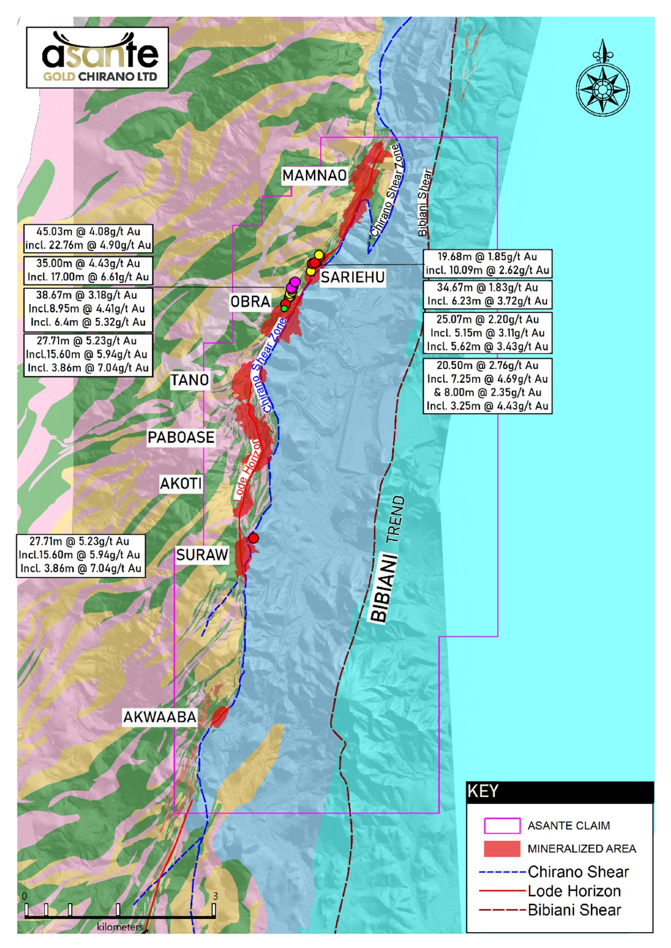 Chirano Geology Map with Highlighted 2025 Drill Intercepts within the Mining Lease
