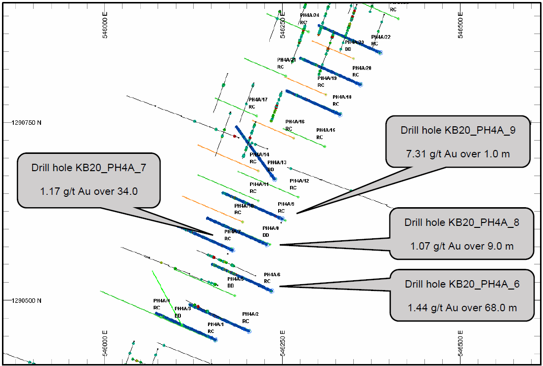 Plan view of drilling campaign at Kobada. Solid lines represent holes drilled to date.