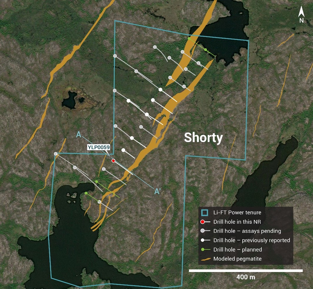 Plan view showing the surface expression of the Shorty pegmatites with diamond drill hole reported in this press release.