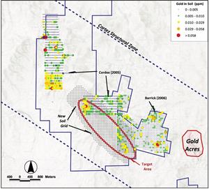 Historical Soil Surveys (parts per million “ppm”), New Riley Gold Soil Grid Survey Area & Postulated Target Area.
