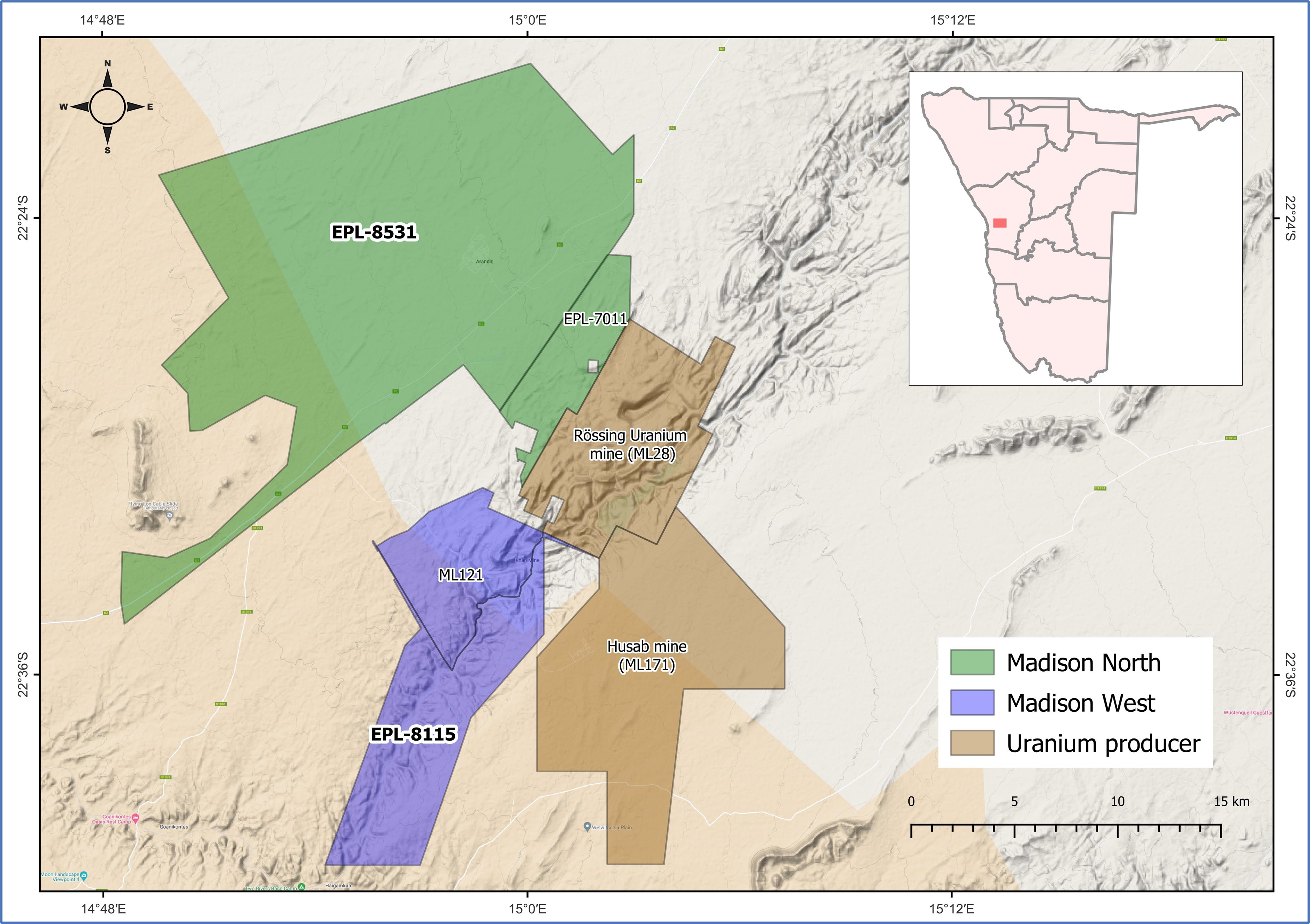Location of Madison North (EPL-7011 and EPL-8531), Madison West (EPL-8115 and ML121), and uranium-producing mines in Namibia’s Erongo Uranium Province.