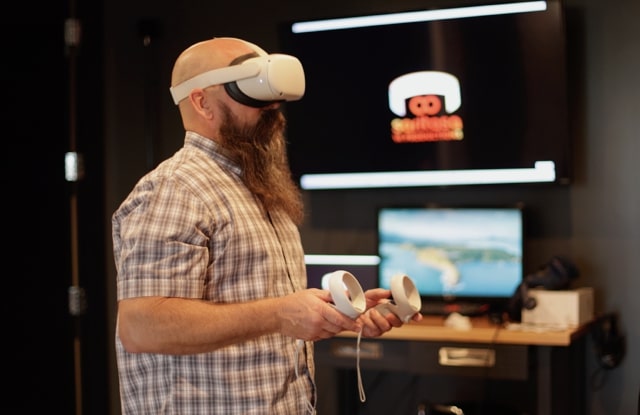 Testing the Ironworkers virtual reality simulation in Saritasa’s headquarters.