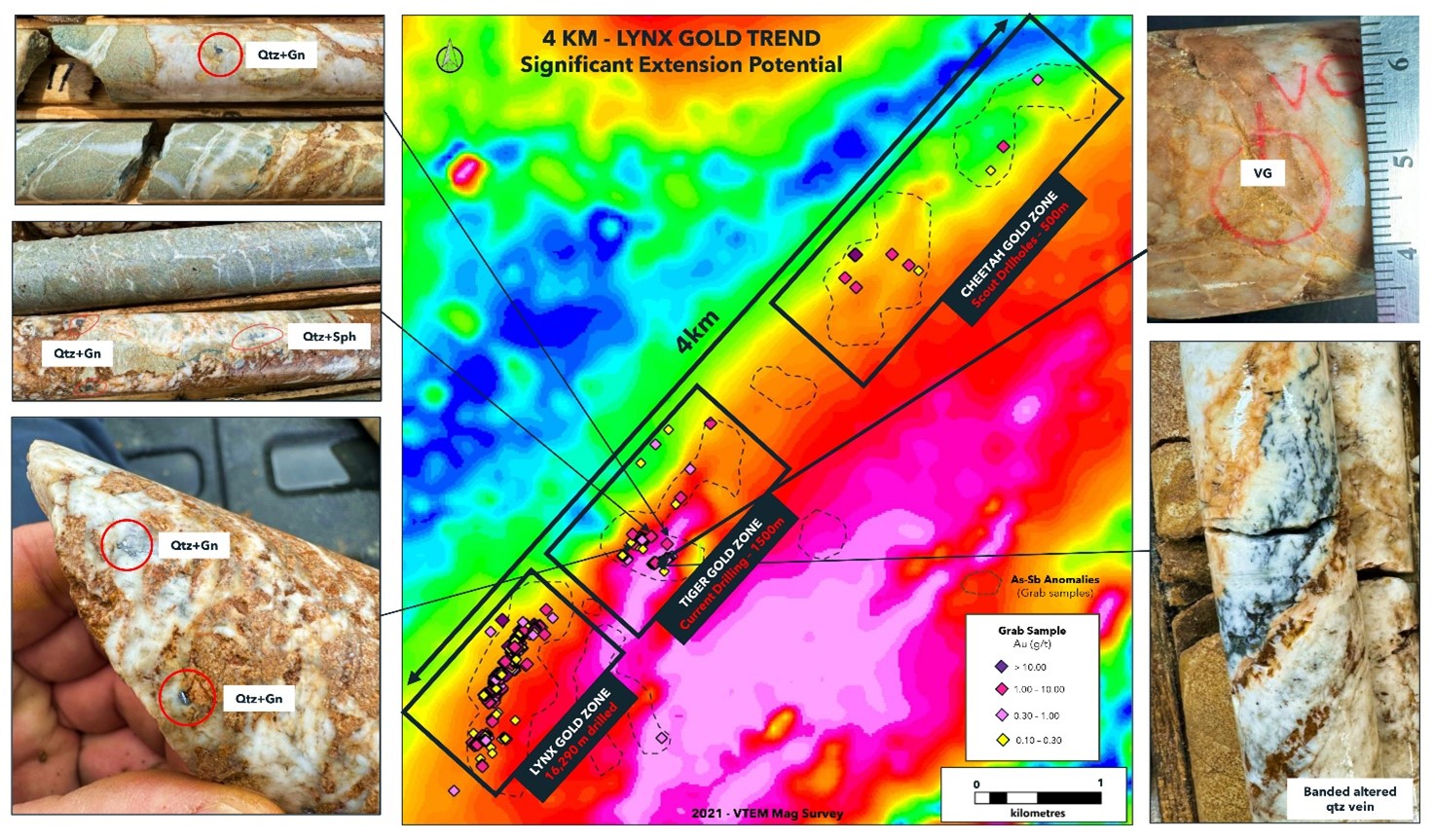 VTEM mag survey with core drilled at the Tiger Gold Zone