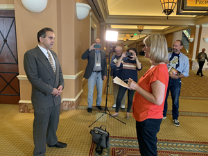 CFACT's Marc Morano being interviewed by a British reporter at the 14th International Conference on Climate Change in Las Vegas in 2021.