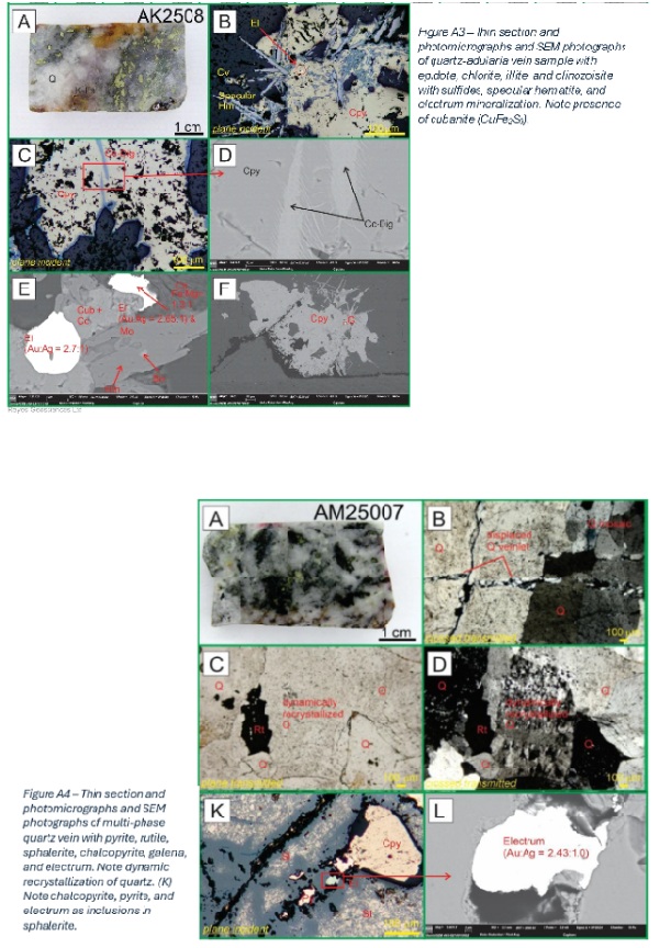 Figure A3 – Thin section and photomicrographs and SEM photographs of quartz-adularia vein sample with epidote, chlorite, illite, and clinozoisite with sulfides, specular hematite, and electrum mineralization. Note presence of cubanite (CuFe2S3).