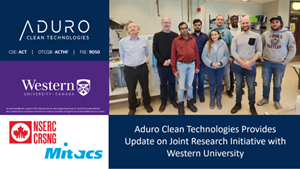 Aduro Clean Technologies Provides Update on Joint Research Initiative with Western University