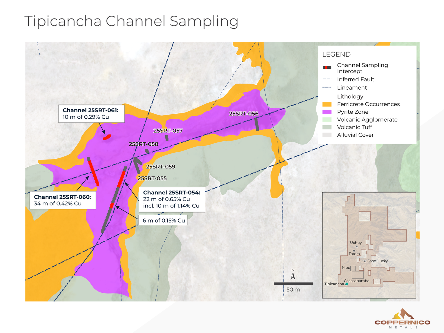 Figure 3: Interpreted geologic map showing location of channel samples at Tipicancha 