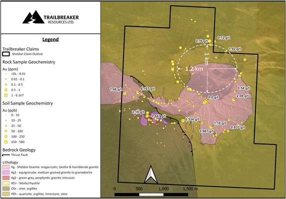 Gold in soil and rock samples overlain on mapped geology of the Sheldon property. Gold shows a strong correlation with the granitic stock and locally the hornfelsed sedimentary rocks. White dashed ellipsoid indicates 1 km x 1.2 km area with limited sampling and elevated Au-Te values in surrounding samples.