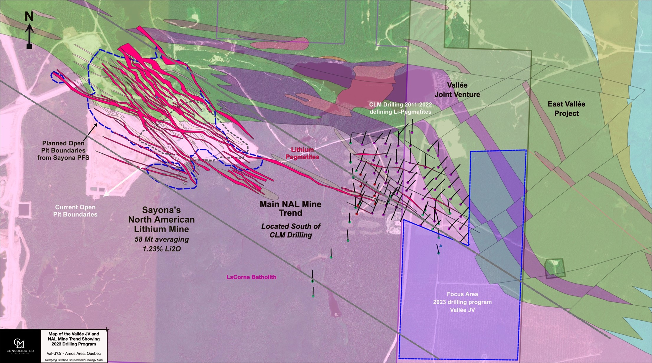 Location of 2023 drilling on the Vallée JV & the NAL Mine Trend