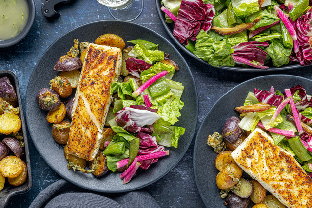 Pan-Seared Halibut with Garlic Knot Potatoes, Radicchio & Date Salad with Champagne Vinaigrette