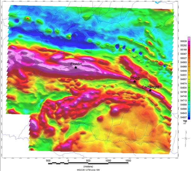 Map of the total magnetic field with the position of the Cartwright, 25-02 stripping and the Flordin deposit 