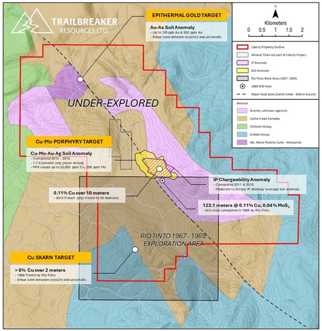 Expanded property outline, now covering 12 km of strike extent of the granitic intrusion potentially associated with Cu-Mo porphyry, epithermal gold, and Cu-skarn style mineralization.