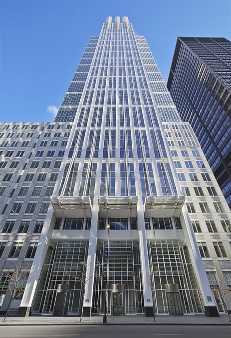 50-story skyscraper with a recognizable asymmetrical silhouette in the Chicago skyline