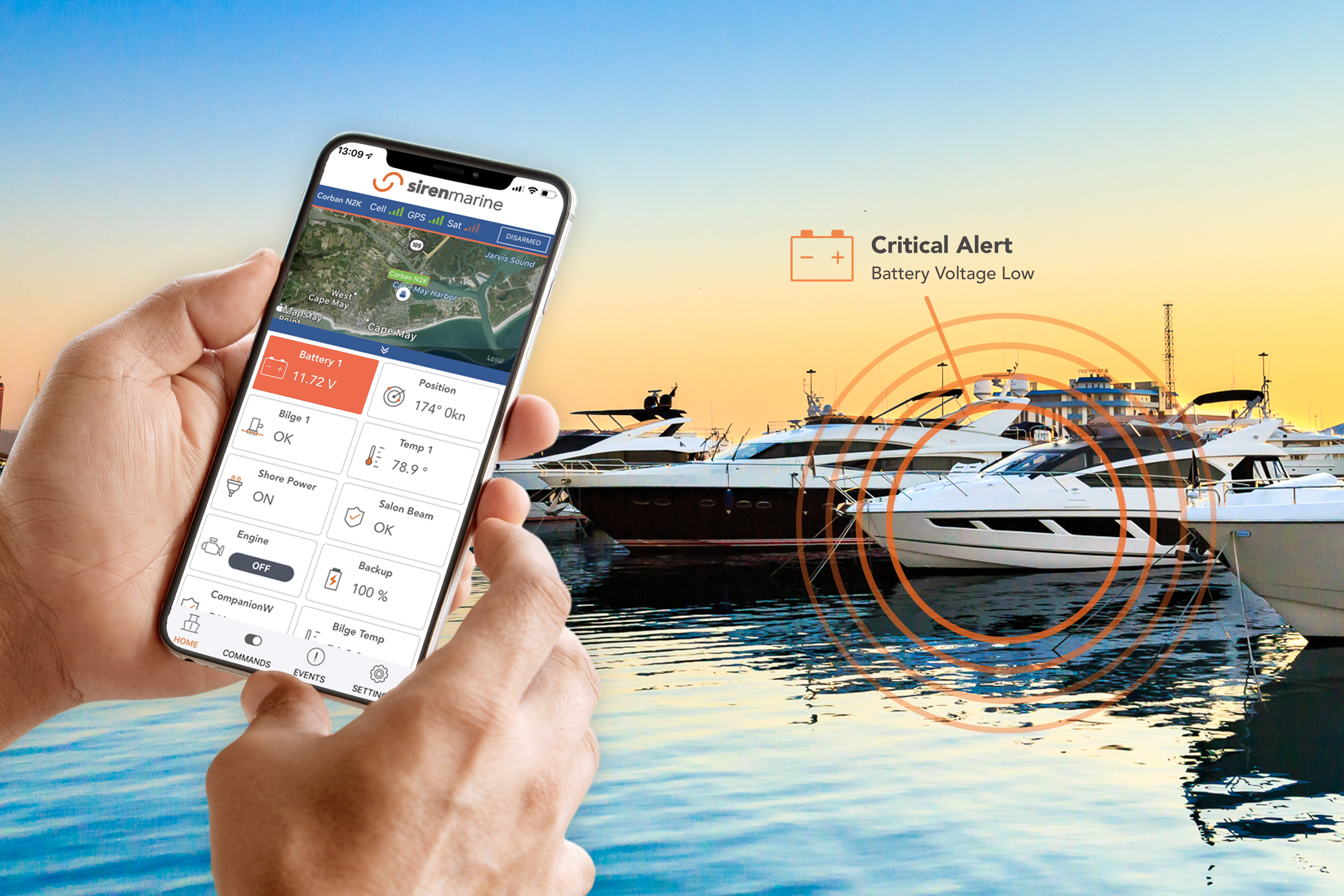 Siren Marine's Connected Boat® technology puts your boat in the palm of your hand with the ability to remotely view & monitor essential systems such as battery, bilge, water levels & more. Our smart boat monitoring system provides peace of mind knowing you’ll get instant alerts to your phone if a critical event occurs anywhere, anytime.