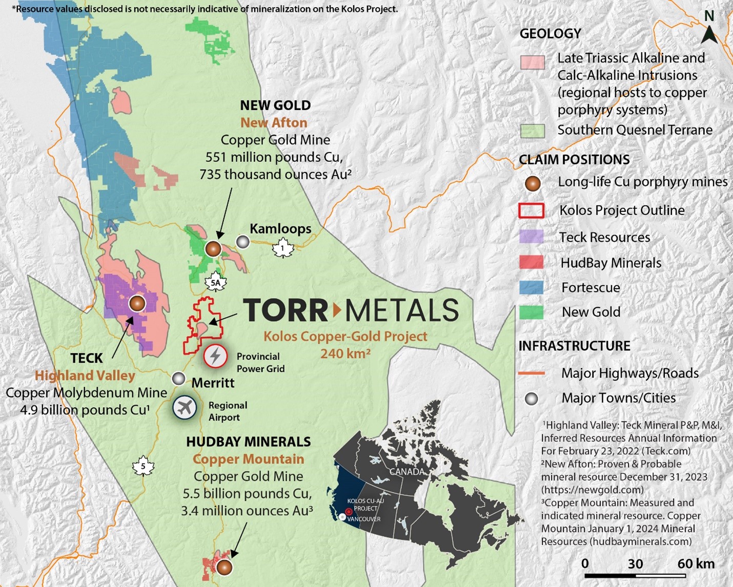 Kolos Project location within the prolific porphyry belt of the Quesnel Terrane in south-central British Columbia. Figure including locations of Late Triassic Alkaline and Calc-Alkaline intrusions modified from Mitchinson et al. 2024(2).