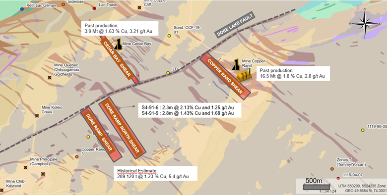 Figure 1. Localisation des zones de cisaillement Rampe Doré et Rampe Doré Nord par rapport à l’ancien site minier de Copper Rand (mine et usine) et à l’ancienne mine Cedar Bay.