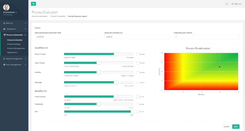 Organizations can use various criteria to check (a) whether a process is suitable for automation and (b) what concrete added value it brings. The evaluation phase is presented in a heat map.