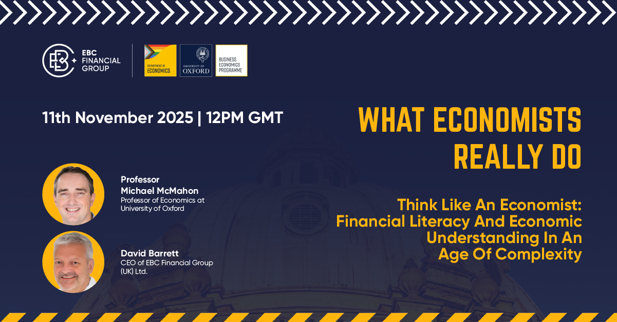 Promotional banner for the Oxford University and EBC Financial Group webinar “Think Like an Economist: Financial Literacy and Economic Understanding i