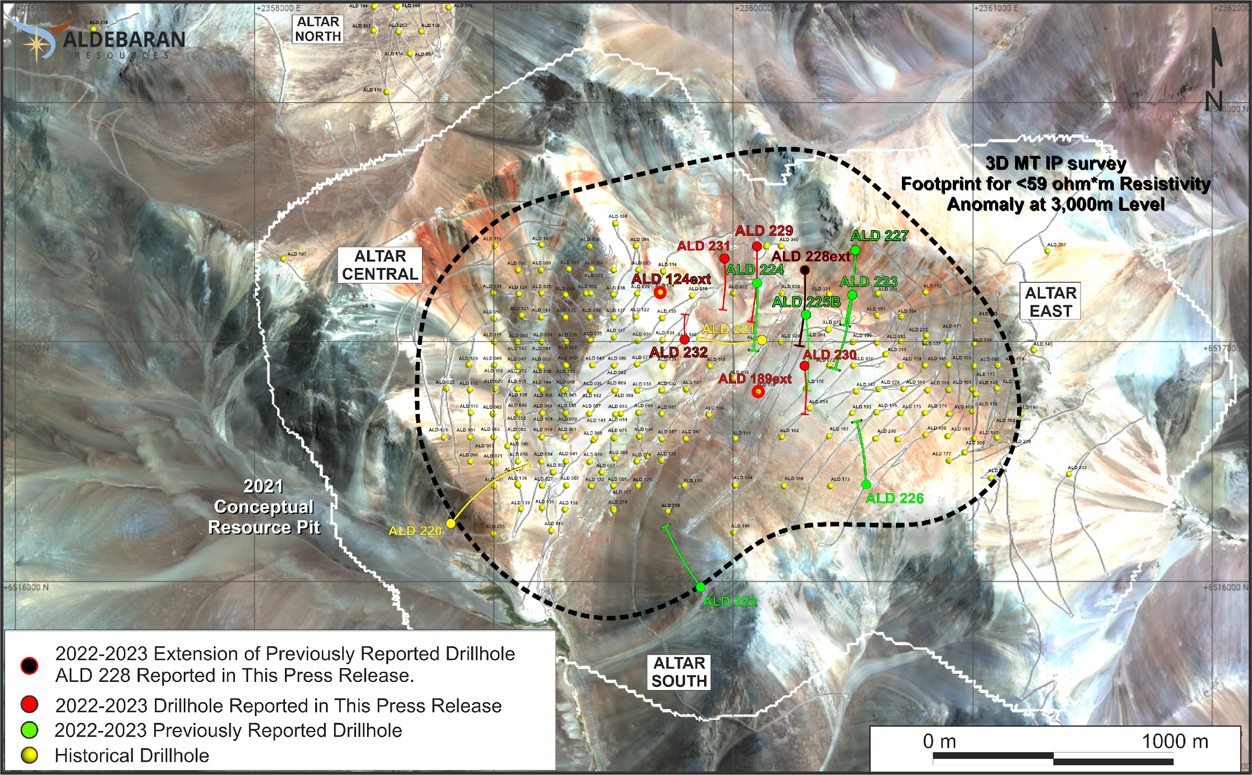 Plan map showing completed drill holes from the 2022-2023 drill program as well as ALD-22-220 and ALD-22-221 from the 2021-2022 drill program