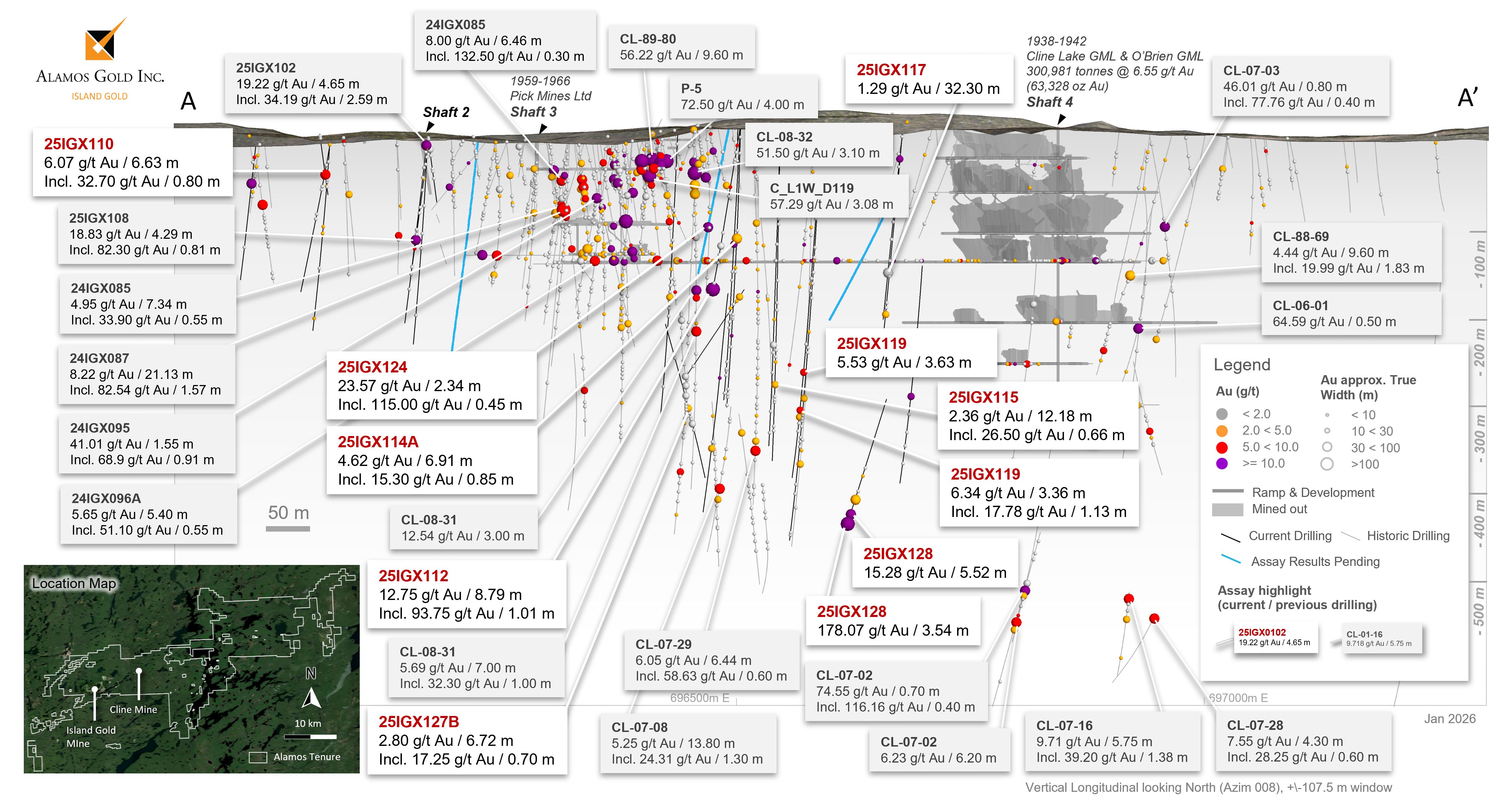Figure 6: Cline-Pick Mines Longitudinal with Current and Historic Drilling image