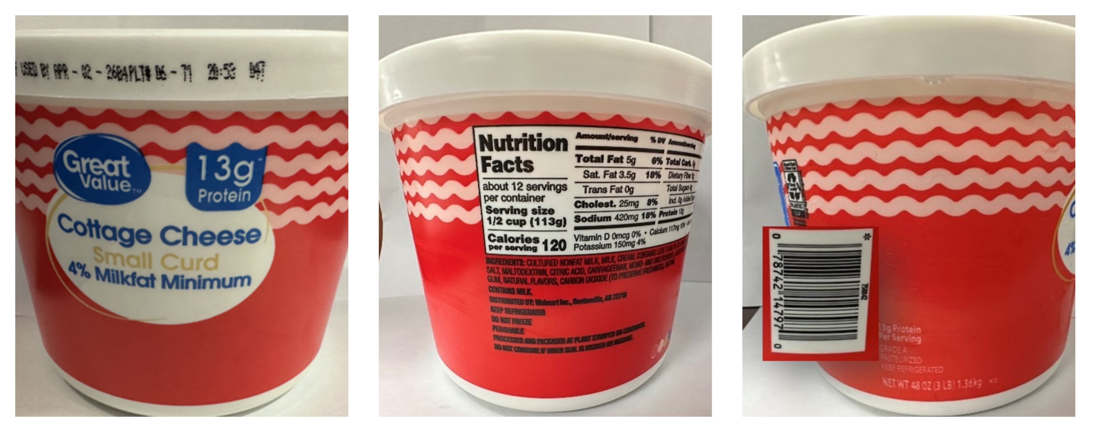 3 lb. container Great Value Small Curd Cottage Cheese – 4% milkfat minimum