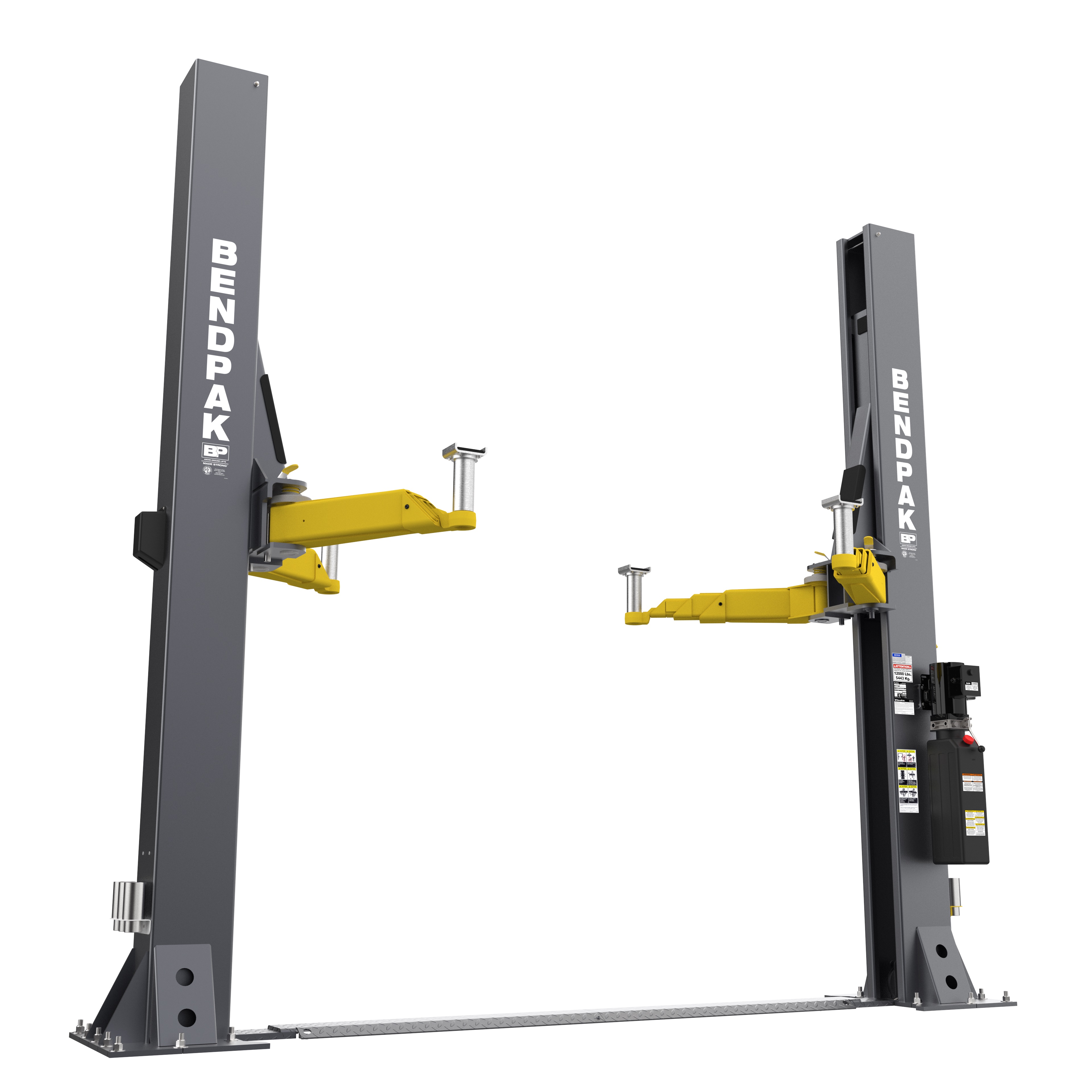 BendPak floorplate-style two-post car lift with no overhead bar
